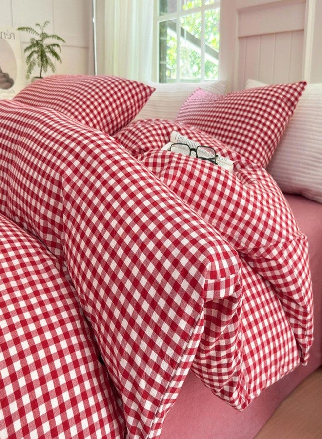 LifeTB Queen Comforter Set Red Gingham Comforter Modern Style Plaid Boho Comforter Set 3 Pieces Fluffy Grid Checkered Comforter with 2 Pillowcases Farmhouse Gingham Bedding Set Queen Size - Image 1