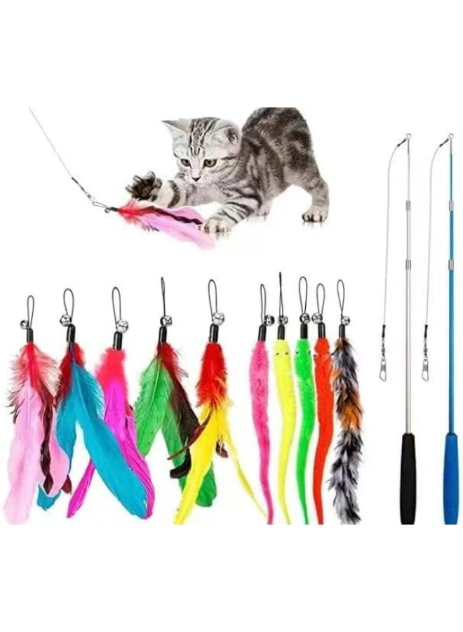 Coodipet Cat Toys Feather Toy, 2PCS Retractable Wand and 10PCS Replacement Teaser with Bell Refills, Interactive Catcher and Funny Exercise for Kitten Assorted - Image 1
