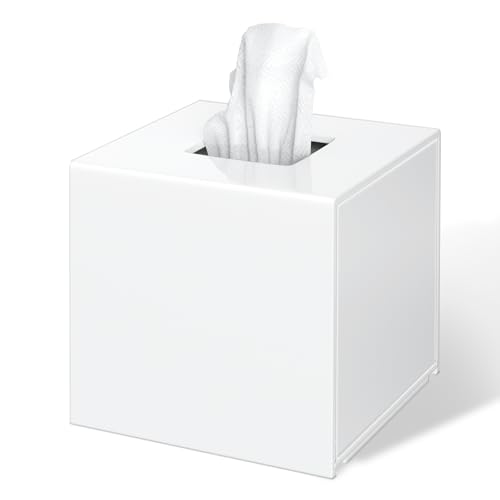 FEMELI Tissue Box Cover,Square Acrylic Tissues Paper Holder for Bathroom Bedroom Office,White - Image 1