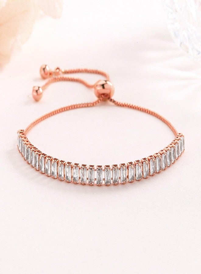 Peora Rose Gold Plated Baguette Stone Studded Adjustable Bracelet Fancy Jewellery for Women & Girls - Image 4