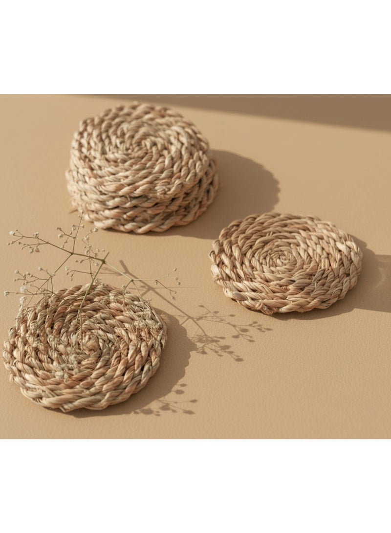 CASA HOME CasaHome Woven Drink Coasters, Set of 6 Pieces, Natural Fiber Round Design, Heat & Moisture Protection, Sand Beige, Minimal Boho/Japandi Style - Image 1