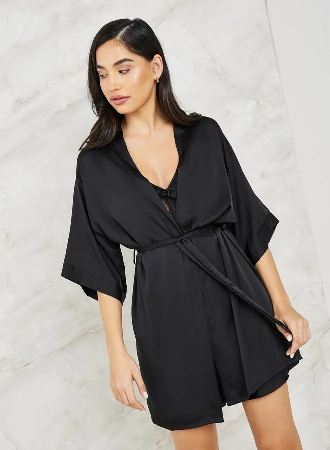 Styli Pack of 2 - Corset Style Lace & Ruffle Satin Slip Dress & Robe