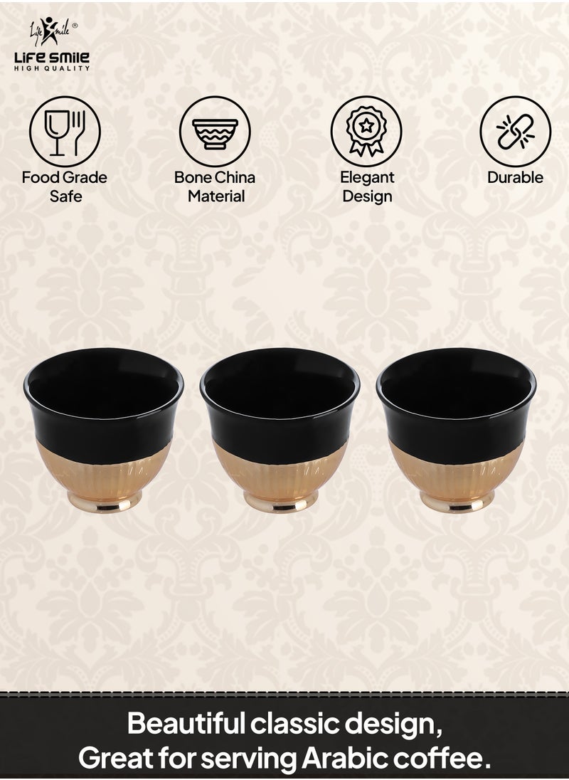 Life Smile LIFE SMILE Coffee Set Cawa Cups 12 Pieces Set 88ml, Arabic Turkish Traditional Bone China Porcelain NON-TOXIC Coffee Cup, Elegant Design espresso cup, Dishwasher Safe (Black & Gold)  - Image 2