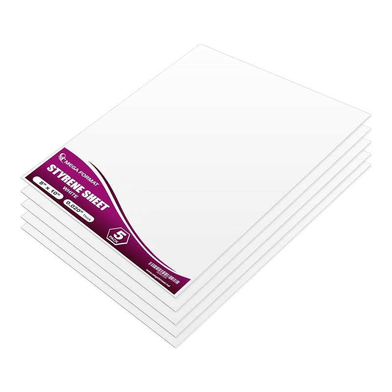 MEGA FORMAT White Polystyrene Flexible Plastic Board Sheet 8" x 10" (.020 Thick) Styrene Sheet, Ideal for Modeling Projects, Displays, Plastic Sheets for Crafts, Styrene Sheets Durable Plastic Sheet (5-Pack) - Image 1