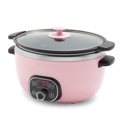 GreenLife 6QT Slow Cooker, Non-Toxic PFAS-Free Ceramic Nonstick Removable Interior Bowl, Programmable, Family Friendly, Keep Warm, Stovetop & Oven Safe, Dishwasher Safe Parts, Timer, Glass Lid, Pink - Image 1