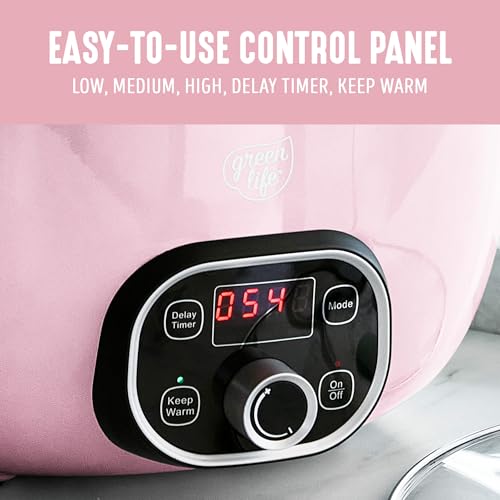 GreenLife 6QT Slow Cooker, Non-Toxic PFAS-Free Ceramic Nonstick Removable Interior Bowl, Programmable, Family Friendly, Keep Warm, Stovetop & Oven Safe, Dishwasher Safe Parts, Timer, Glass Lid, Pink - Image 3