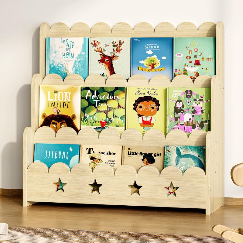 EXPERLAM Scalloped Bookshelf for Kids, 3-Tier Front Facing Book Display Shelf, Solid Wood Montessori Bookcase Organizer for Bedroom, Nursery, Playroom & Classroom - Image 1