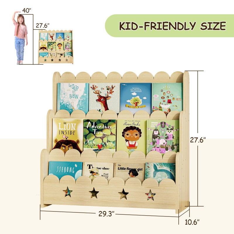 EXPERLAM Scalloped Bookshelf for Kids, 3-Tier Front Facing Book Display Shelf, Solid Wood Montessori Bookcase Organizer for Bedroom, Nursery, Playroom & Classroom - Image 2