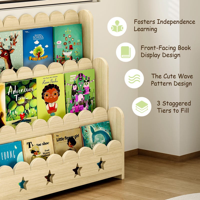 EXPERLAM Scalloped Bookshelf for Kids, 3-Tier Front Facing Book Display Shelf, Solid Wood Montessori Bookcase Organizer for Bedroom, Nursery, Playroom & Classroom - Image 3