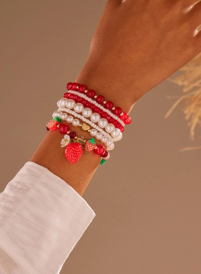 تايك تو Pack of 7 Red and White Strawberry Charm Beaded Bracelets