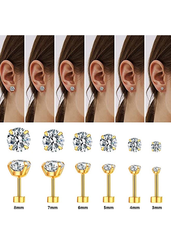 وهاواي 6Pairs 20G Hypoallergenic Brithstone Stud Earrings for Women Men Flatback Earrings Stainless Steel 3mm-8mm Cubic Zirconia Earrings Piercing Ear Cartilage Gold - Image 3