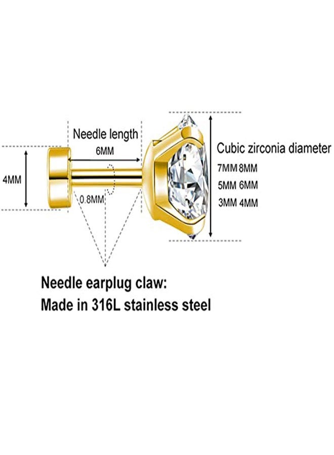 وهاواي 6Pairs 20G Hypoallergenic Brithstone Stud Earrings for Women Men Flatback Earrings Stainless Steel 3mm-8mm Cubic Zirconia Earrings Piercing Ear Cartilage Gold - Image 2