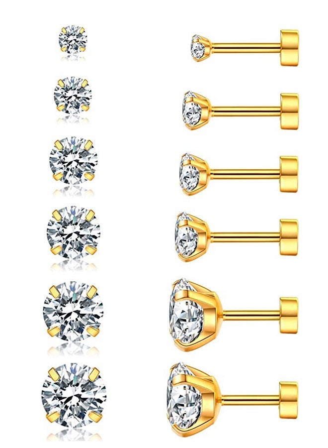 وهاواي 6Pairs 20G Hypoallergenic Brithstone Stud Earrings for Women Men Flatback Earrings Stainless Steel 3mm-8mm Cubic Zirconia Earrings Piercing Ear Cartilage Gold - Image 1