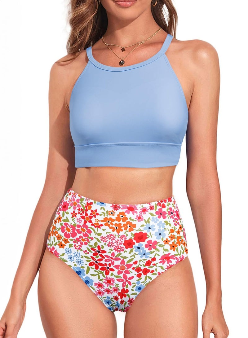 Herseas Womens Bikini Sets High Waisted Two Piece Full Coverage Best Bathing Suits Padded High Neck Top Floral Print Tankini Popular Swimsuits Teen Cruise Wear Royal Blue Medium - Image 1