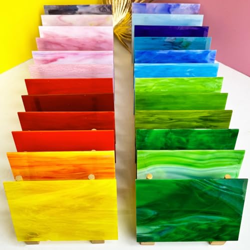 PALJOLLY 24 Sheets Stained Glass Sheet Rainbow Colors, 6 x 4 inches Cathedral Glass Mosaic Tiles for Crafts, Stained Glass Supplies for Stained Glass or Mosaic Work - Image 1