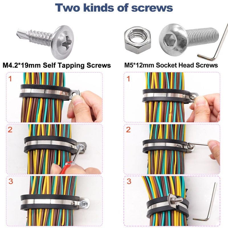 Taiss 136PCS Cable Clamps Assortment Kit 304 Stainless Steel Rubber Cushion Pipe Clamps 10 Sizes 1/4" 5/16" 3/8" 1/2" 5/8" 3/4" 1" 1-1/4" 1-1/2" 1-3/4" Metal Wire Clamps (With two kinds of screws) - Image 2