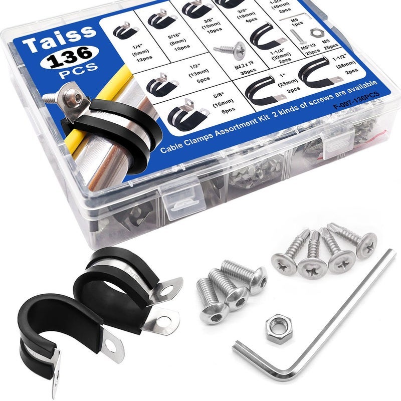 Taiss 136PCS Cable Clamps Assortment Kit 304 Stainless Steel Rubber Cushion Pipe Clamps 10 Sizes 1/4" 5/16" 3/8" 1/2" 5/8" 3/4" 1" 1-1/4" 1-1/2" 1-3/4" Metal Wire Clamps (With two kinds of screws) - Image 3