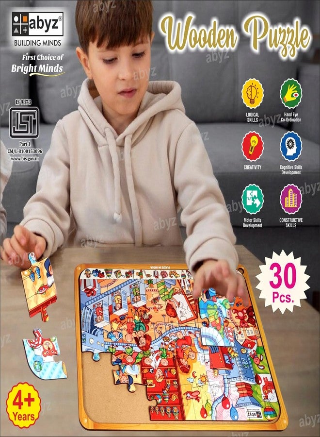 أحجية الصور المقطوعة الخشبية من ABYZ - مجموعة ألعاب مصنع الألعاب للمرح والتعليم والمستكشفين الصغار، 30 قطعة ألعاب ممتعة متعددة الألوان | هدية عيد ميلاد للأطفال من سن (3-6 سنوات). - Image 4