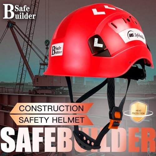 SAFEBUILDER ABS Work-at-Height and Rescue Hard Hat Slotted Ventilated Construction Safety Helmet w/Adjustable Ratchet 6-Point Suspension ANSI Z89.1-14 (Red Safety Helmet) - Image 2