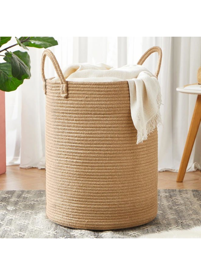 MOJOSCEND 15Dx20H inches Jute Woven Hamper Laundry Basket Wicker Rope Clothes Hamper for Baby Nursery Kids Tall Rattan Blanket Basket in Living Room Bedroom 60L Large Capacity - Image 1