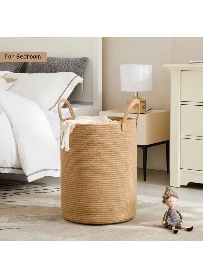 MOJOSCEND 15Dx20H inches Jute Woven Hamper Laundry Basket Wicker Rope Clothes Hamper for Baby Nursery Kids Tall Rattan Blanket Basket in Living Room Bedroom 60L Large Capacity - Image 2
