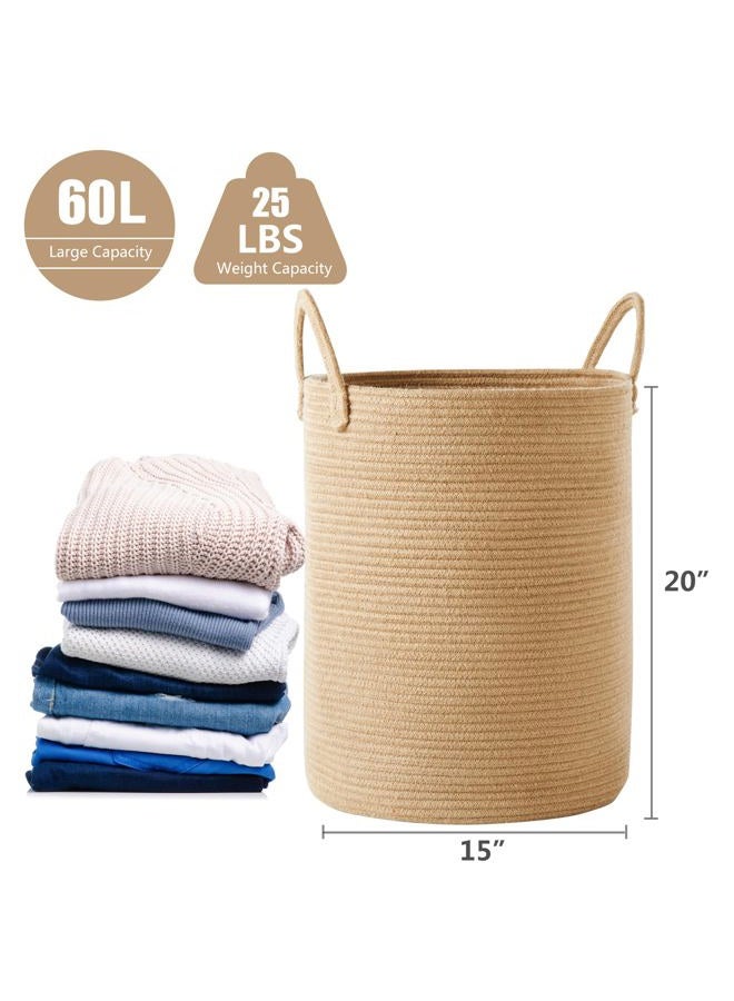 MOJOSCEND 15Dx20H inches Jute Woven Hamper Laundry Basket Wicker Rope Clothes Hamper for Baby Nursery Kids Tall Rattan Blanket Basket in Living Room Bedroom 60L Large Capacity - Image 3