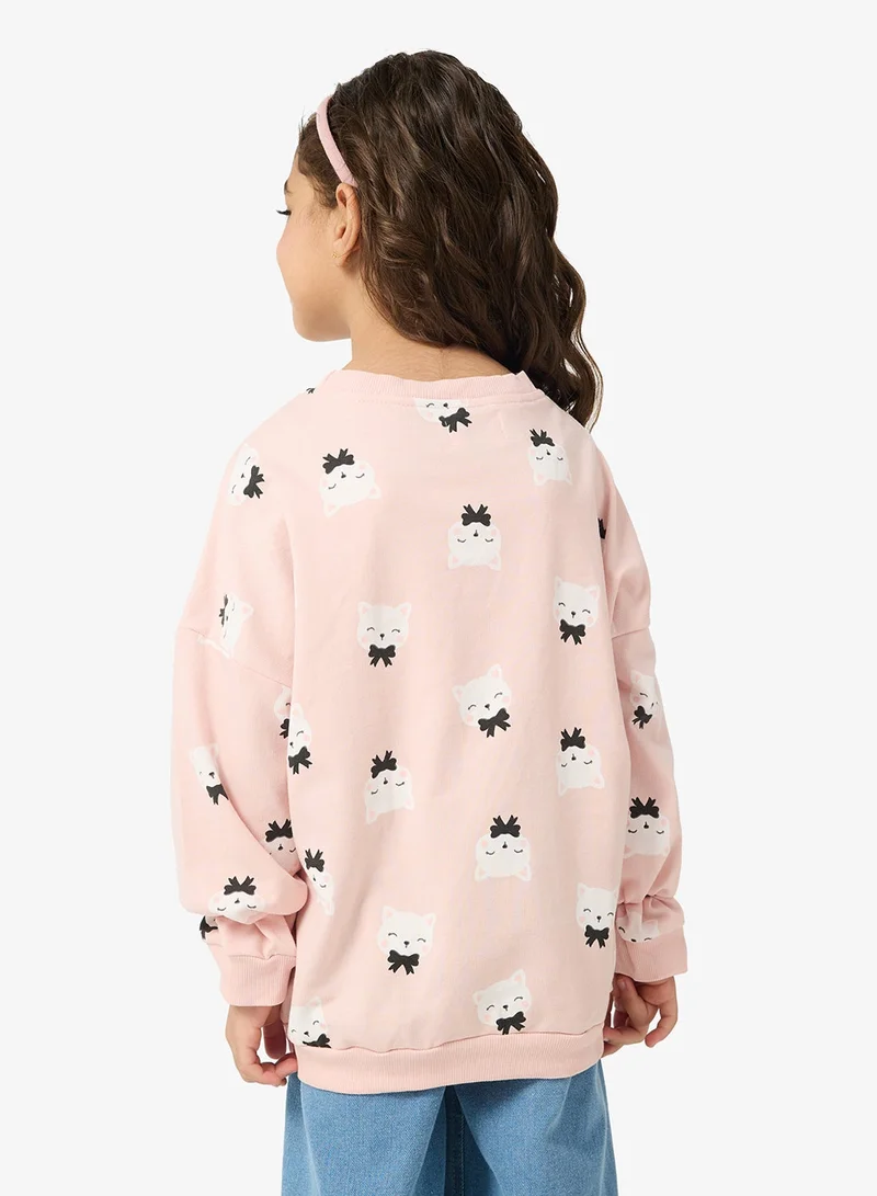 Pinata Cute Kitty Print Crew Neck Sweatshirt
