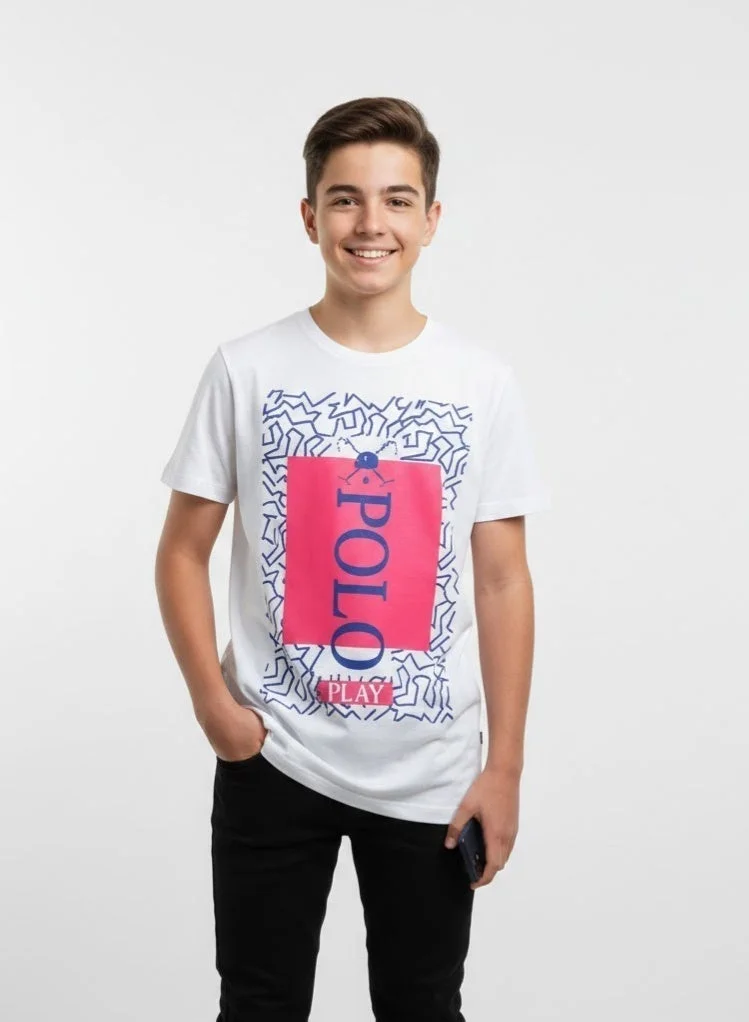 لعب البولو تيشيرت مطبوع للأولاد - أبيض