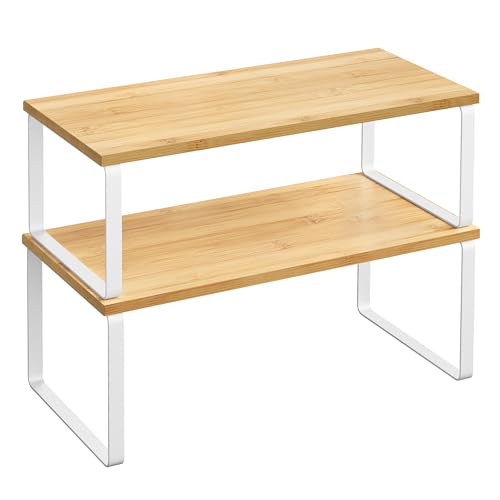 SONGMICS Cabinet Organizer Shelf Set of 2 Kitchen Counter Shelves Kitchen Storage Spice Rack Stackable Expandable Metal and Engineered Wood Cloud White and Natural Beige UKCS200W01 - Image 1
