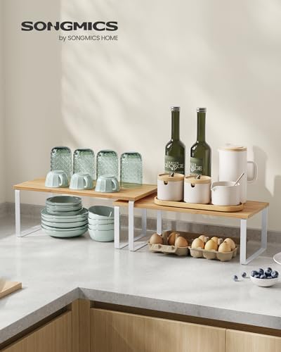 SONGMICS Cabinet Organizer Shelf Set of 2 Kitchen Counter Shelves Kitchen Storage Spice Rack Stackable Expandable Metal and Engineered Wood Cloud White and Natural Beige UKCS200W01 - Image 3