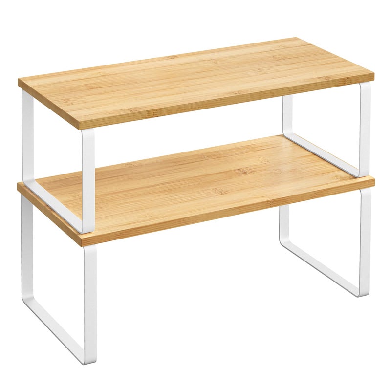 SONGMICS Cabinet Organizer Shelf Set of 2 Kitchen Counter Shelves Kitchen Storage Spice Rack Stackable Expandable Metal and Engineered Wood Cloud White and Natural Beige UKCS200W01 - Image 2