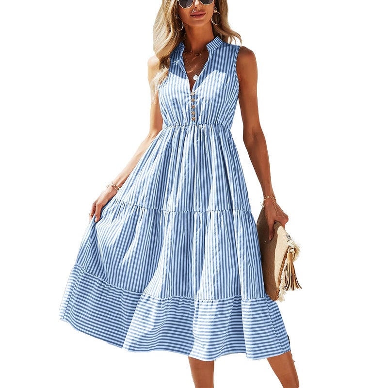 BROVAVE Womens 2025 Summer Sleeveless Shirt Dress Collar Striped V Neck Casual Midi Dresses(Light Blue, L) - Image 1