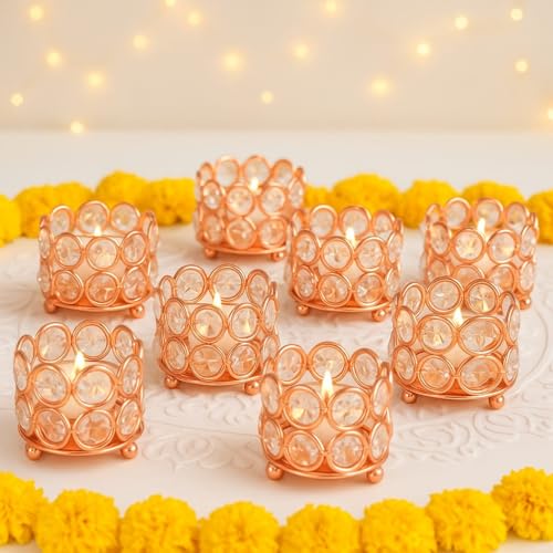 CentraLit Iron Art Ware Crystal Tealight Candle Holder Votives Bowl for Home Decor, Christams Diya Diwali Decor Lights Centerpieces for Wedding Home Party Table Decor (Rose Gold (Pack of 10)) - Image 1