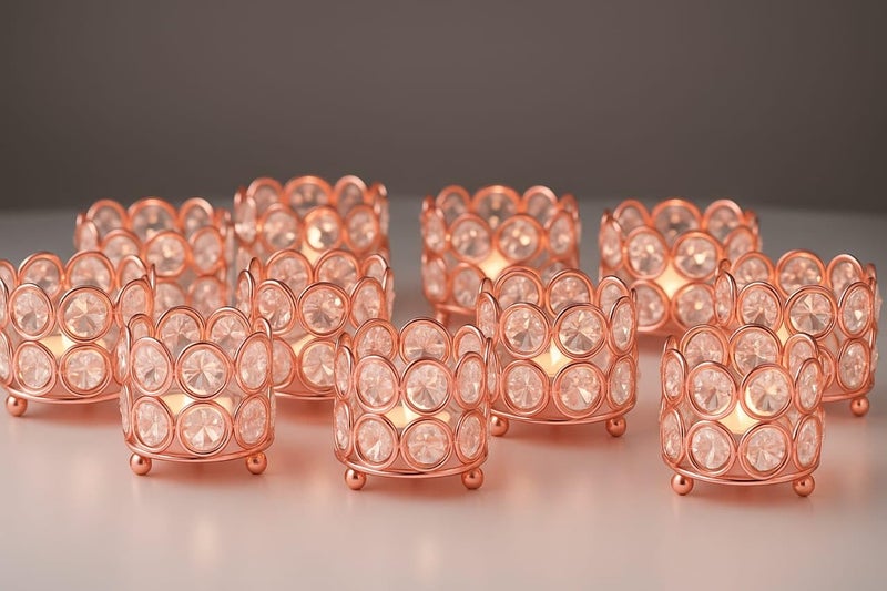 CentraLit Iron Art Ware Crystal Tealight Candle Holder Votives Bowl for Home Decor, Christams Diya Diwali Decor Lights Centerpieces for Wedding Home Party Table Decor (Rose Gold (Pack of 10)) - Image 2