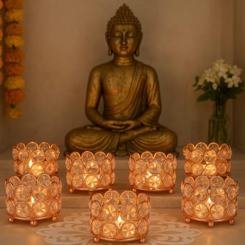 CentraLit Iron Art Ware Crystal Tealight Candle Holder Votives Bowl for Home Decor, Christams Diya Diwali Decor Lights Centerpieces for Wedding Home Party Table Decor (Rose Gold (Pack of 10)) - Image 5