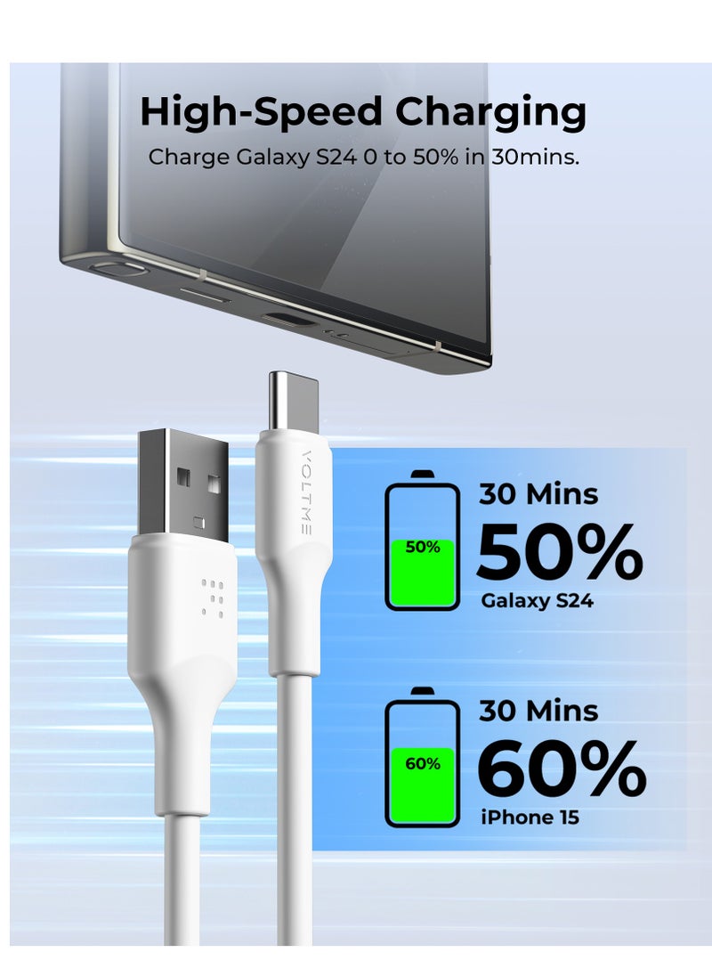 VOLTME - 60W USB Type A to Type C Fast Charging Cable 3M (10FT), Durable Silicone, Compatible with iPhone 16/15/15 Pro/15 Plus/15 Pro Max, iPad Mini 6/Pro 2022, MacBook Air, Samsung Galaxy S25/S24/S23, and All Type C Enabled Devices - Tangle-Free, Supports High-Speed ​​Data Transfer - White - Image 1