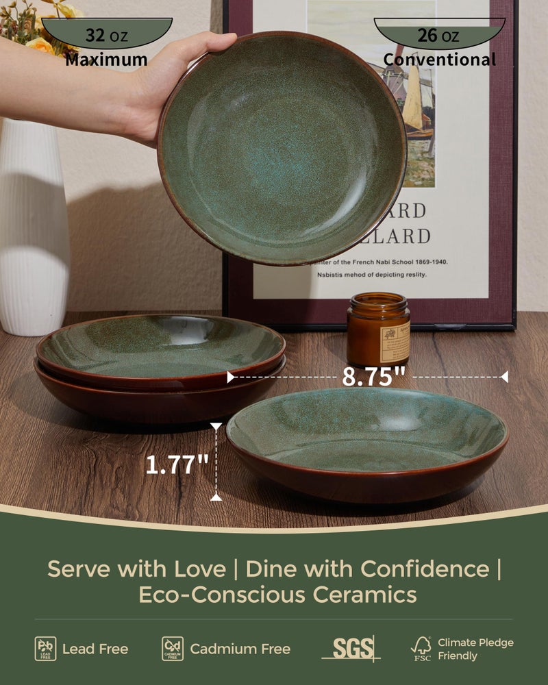 Pokini 16 Piece Double Bowl Dinnerware Sets with Pasta Bowls, Highly Chip and Crack Resistant Plates and Bowls Sets, Natural Earthyware Ceramic Dishware Sets, Service for 4 Sage Green - Image 2