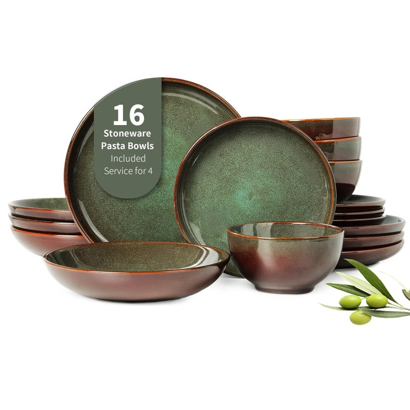 Pokini 16 Piece Double Bowl Dinnerware Sets with Pasta Bowls, Highly Chip and Crack Resistant Plates and Bowls Sets, Natural Earthyware Ceramic Dishware Sets, Service for 4 Sage Green - Image 1