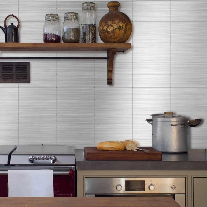 Crystiles 30-Pack of 12 x 4" Brushed Aluminum Peel-and-Stick Tile Backsplash Panels, Stainless Steel Backsplash - Image 3