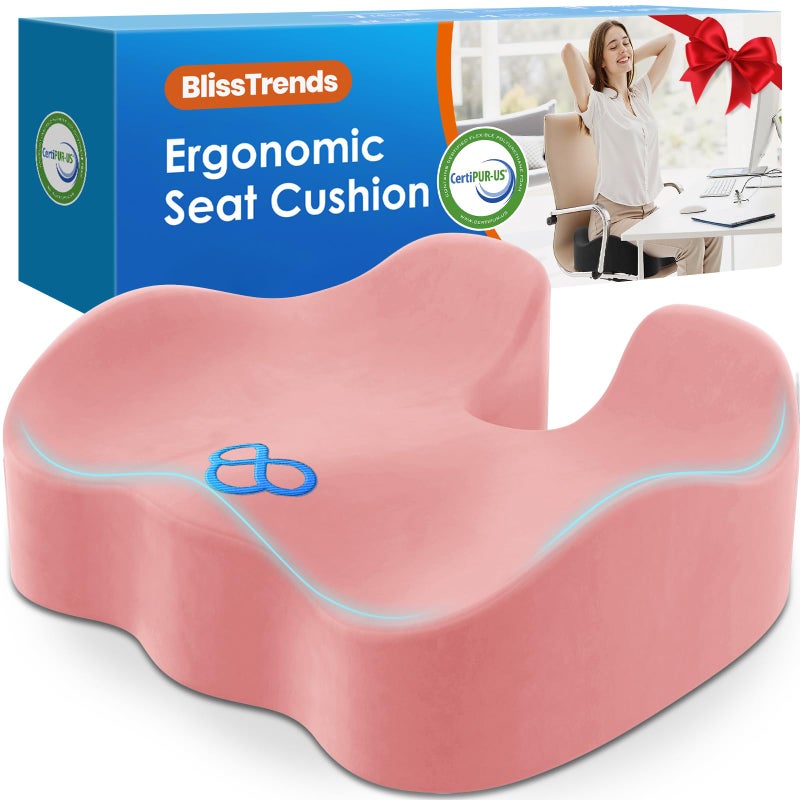 BlissTrends Seat Cushion,Thick Memory Foam Cushions for Office Chair, Car Seat, Airplane, Relieving Pressure Tailbone Sciatica Back Pain for Long Sitting Office Workers, Car Drivers 4.7in Thick Pink - Image 1