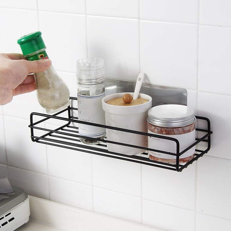 Kavid Metal Powder Coated Multipurpose Kitchen Bathroom Shelf Wall Holder Storage Rack Bathroom Rack Storage Box Strong Magic Sticker Shower Rack Shelf (Black, Set of 1) - Image 3