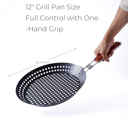FAQQI 12-Inch Kozmatik Grill Pan Stovetop Turkish - Black Non-Stick Carbon Steel Grill Basket Vegetable with Handle | Vegetable Charring Pan for Stovetop & Grill - Image 3