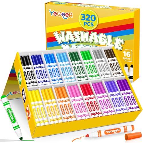 YEGEER 320 Count Washable Markers Bulk 16 Assorted Colors Broad Tip Markers for Kids Teachers and Classroom Supplies Perfect for Art and Coloring320 - Image 1