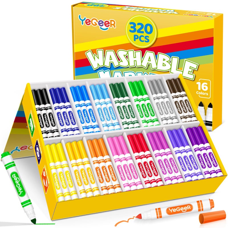 YEGEER 320 Count Washable Markers Bulk 16 Assorted Colors Broad Tip Markers for Kids Teachers and Classroom Supplies Perfect for Art and Coloring320 - Image 2