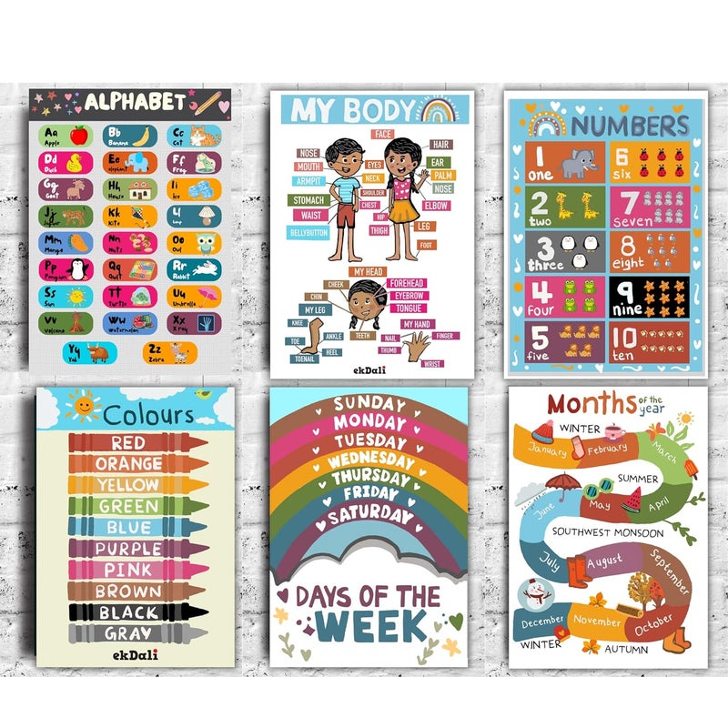 EKDALI Set of 6 educational motivational wall poster for kids abcd chart numbers 1to 10 and other basic educational content covered boho posters color