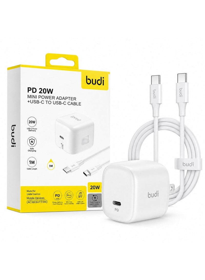 Budi (AC36C6UTT/1M) 20W PD Fast Charger USB-C Wall Adapter with 1M USB-C to USB-C Cable Fast Charging Power Adapter Charger - White - Image 1