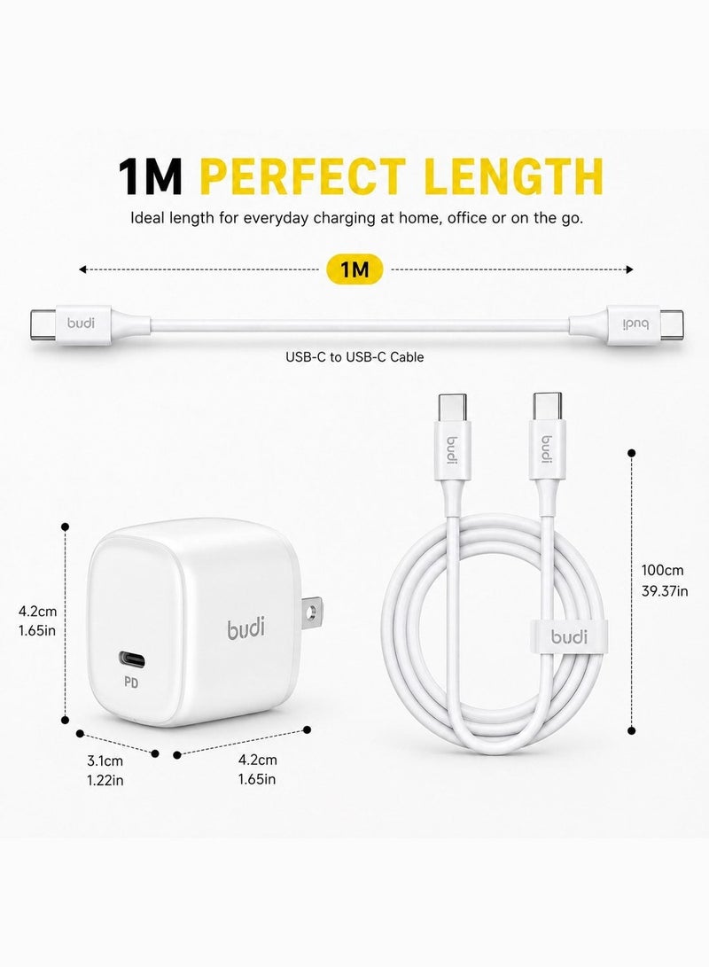 Budi (AC36C6UTT/1M) 20W PD Fast Charger USB-C Wall Adapter with 1M USB-C to USB-C Cable Fast Charging Power Adapter Charger - White - Image 2