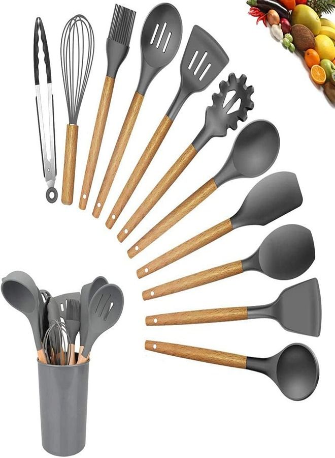 11- Piece Wooden Handle Non Stick Cookware Spoon Set Grey - Image 2