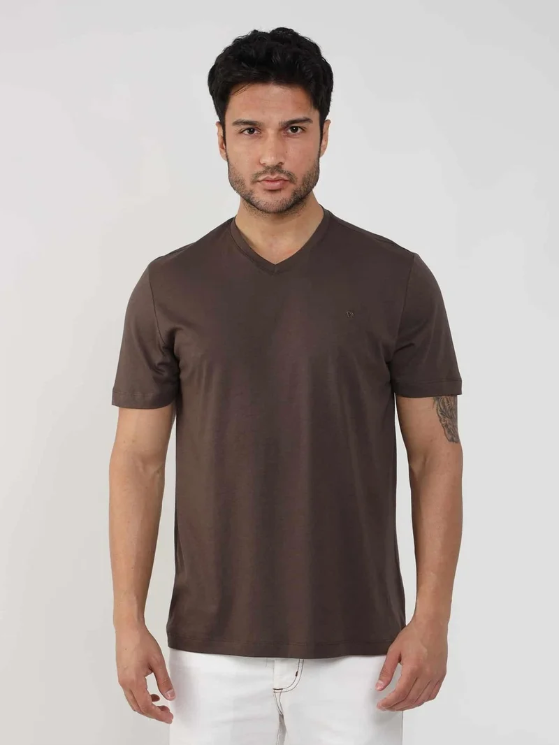 Dufy Brown Men's Slim Fit Plain V-Neck Tshirt - 105675