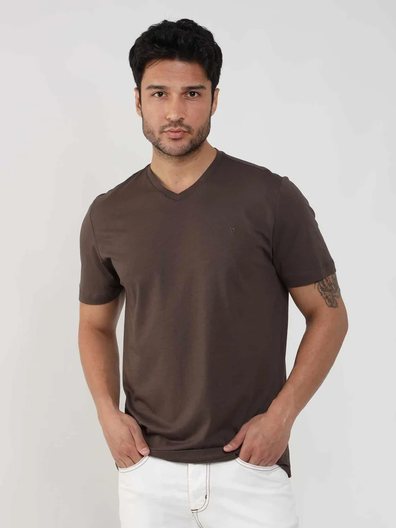 Dufy Brown Men's Slim Fit Plain V-Neck Tshirt - 105675